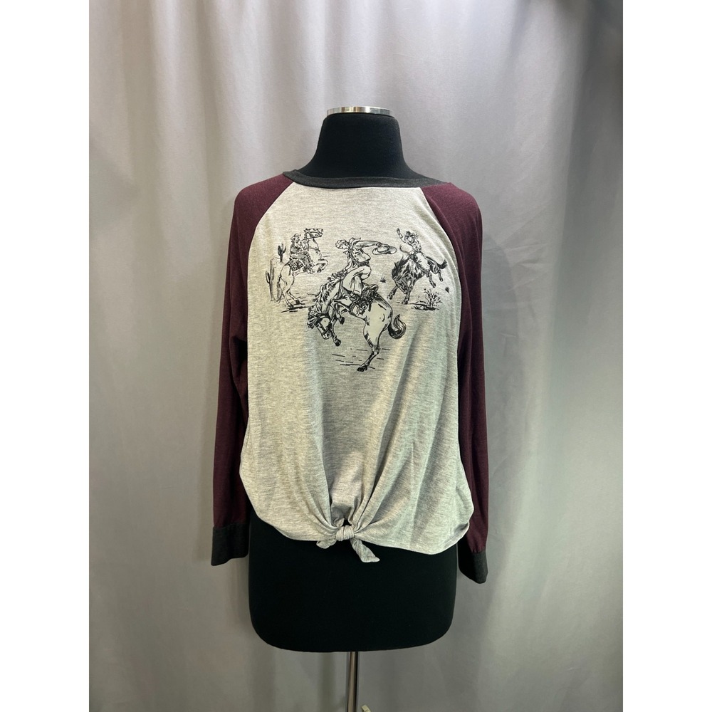 Cruel Denim Blouse Top Womens Medium Gray Maroon Western Graphic Print Tie Front
